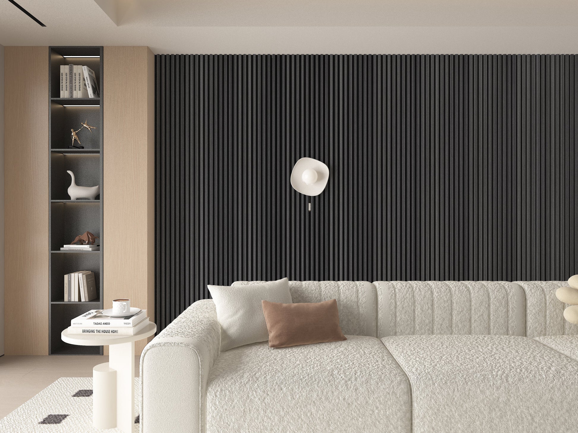 Carborn Gray WPC Fluted 3D Wall Panels. RK Supply Line Depot. Living Room Design With WPC Fluted Wall Panels