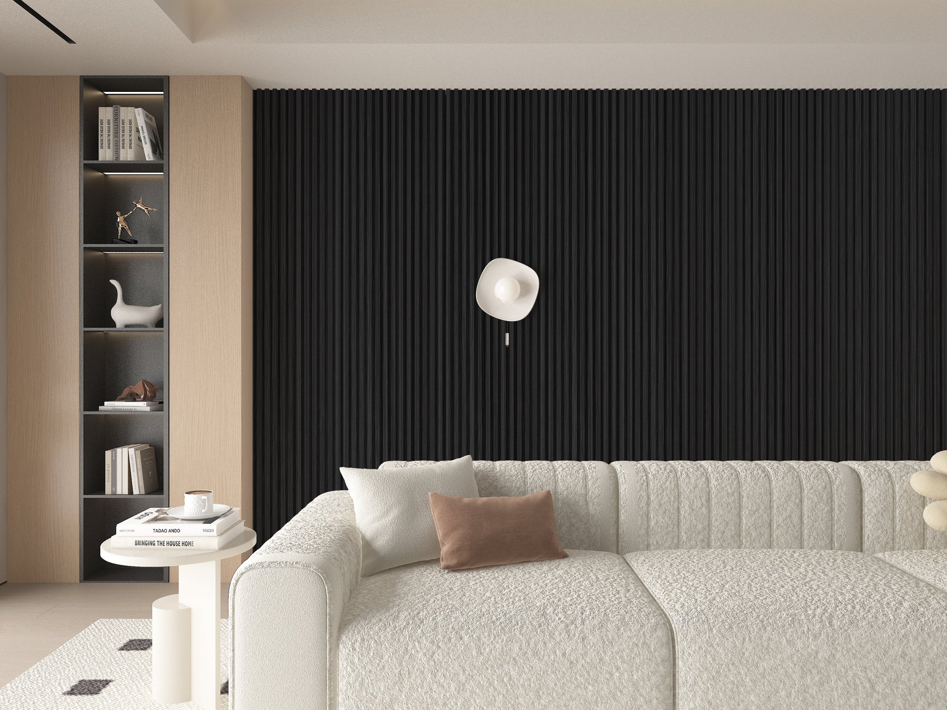 Ashen Oak WPC Fluted 3D Wall Panels. RK Supply Line Depot. Living Room Design With WPC Fluted Wall Panels