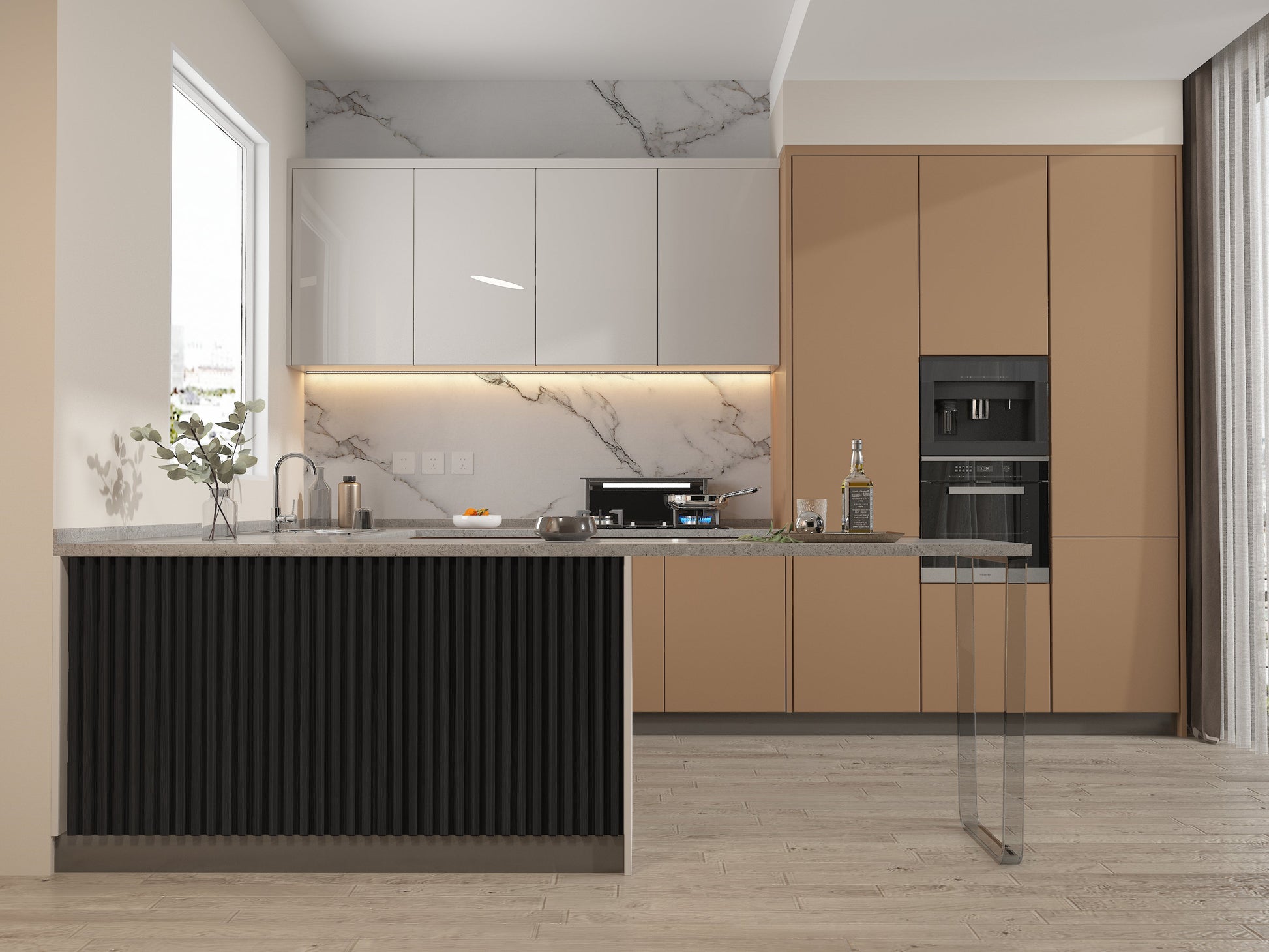 Ashen Oak WPC Fluted 3D Wall Panels. RK Supply Line Depot. Kitchen Design From WPC Fluted Wall Panels