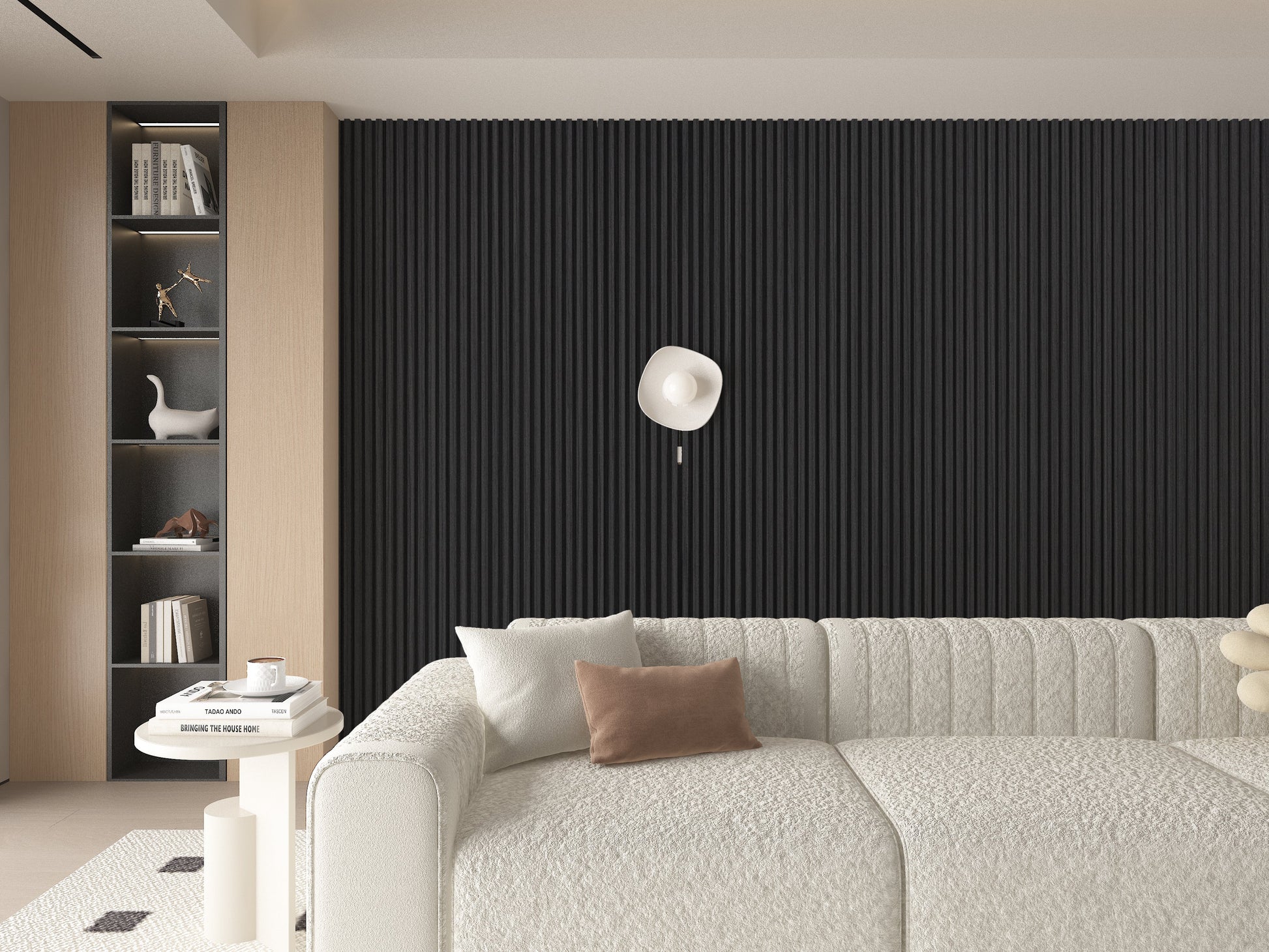 Black Timber WPC Fluted 3D Wall Panels. RK Supply Line Depot. Living Room Design With WPC Fluted Wall Panels