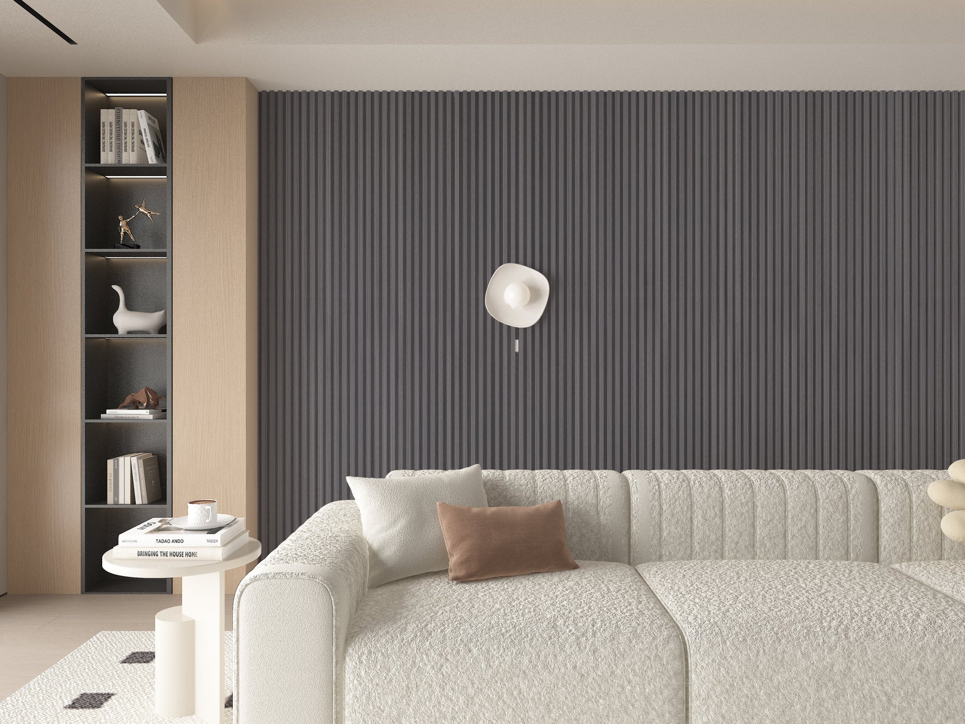 Oak Gray WPC Fluted 3D Wall Panels. RK Supply Line Depot. Living Room Design With WPC Fluted Wall Panels