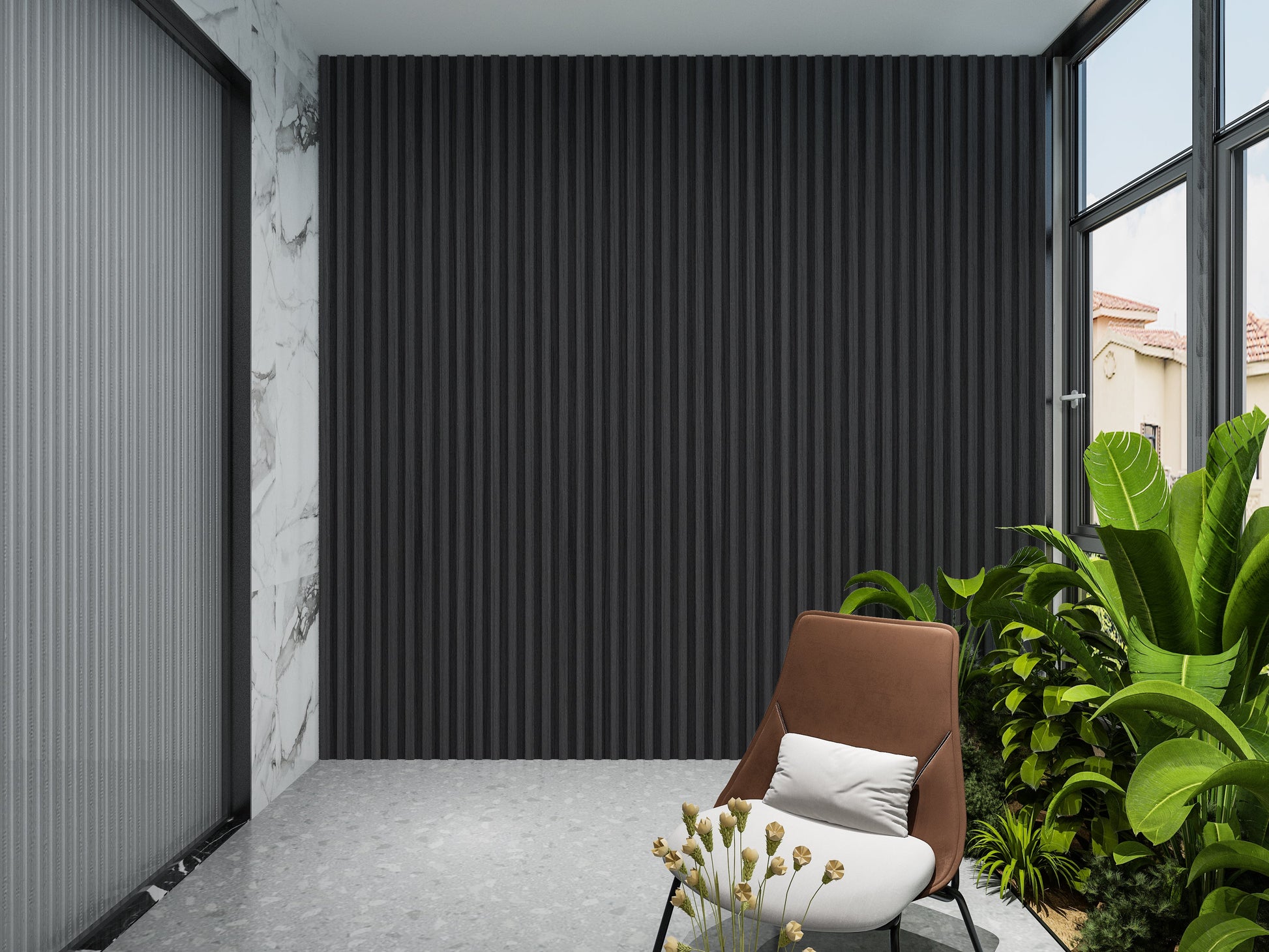 Black Timber WPC Fluted 3D Wall Panels. RK Supply Line Depot. Balcony Design With WPC Fluted Wall Panels