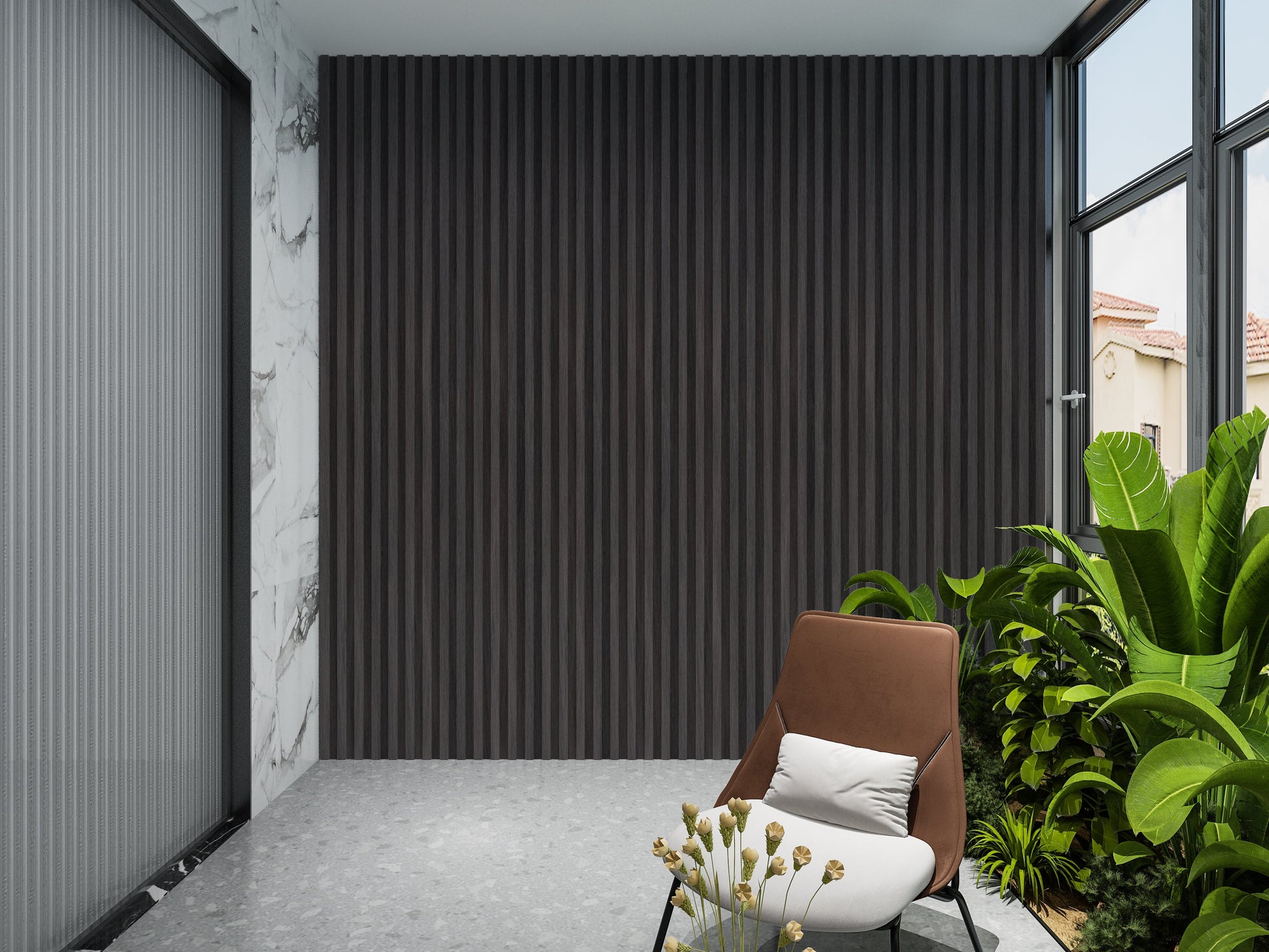 Dark Smoky Oak WPC Fluted 3D Wall Panels. RK Supply Line Depot. Balcony Design With WPC Fluted Wall Panels