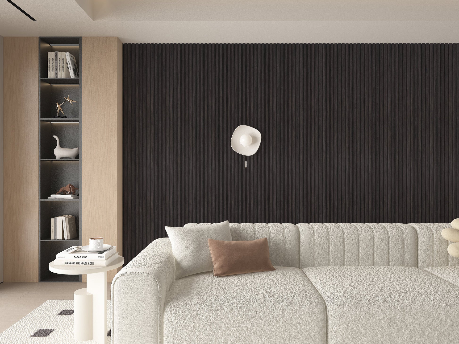 Dark Smoky Oak WPC Fluted 3D Wall Panels. RK Supply Line Depot. Living Room Design With WPC Fluted Wall Panels