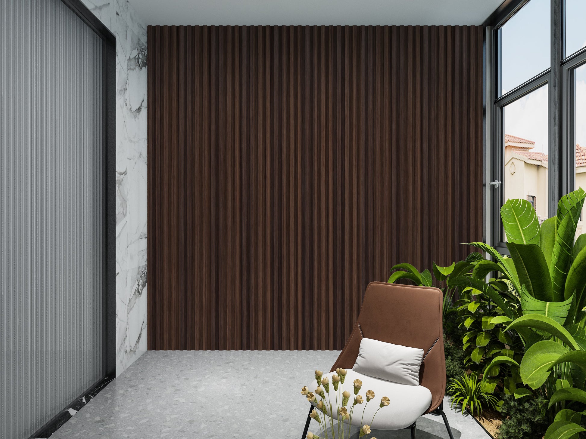 Dark Walnut WPC Fluted 3D Wall Panels. RK Supply Line Depot. Balcony Design With WPC Fluted Wall Panels