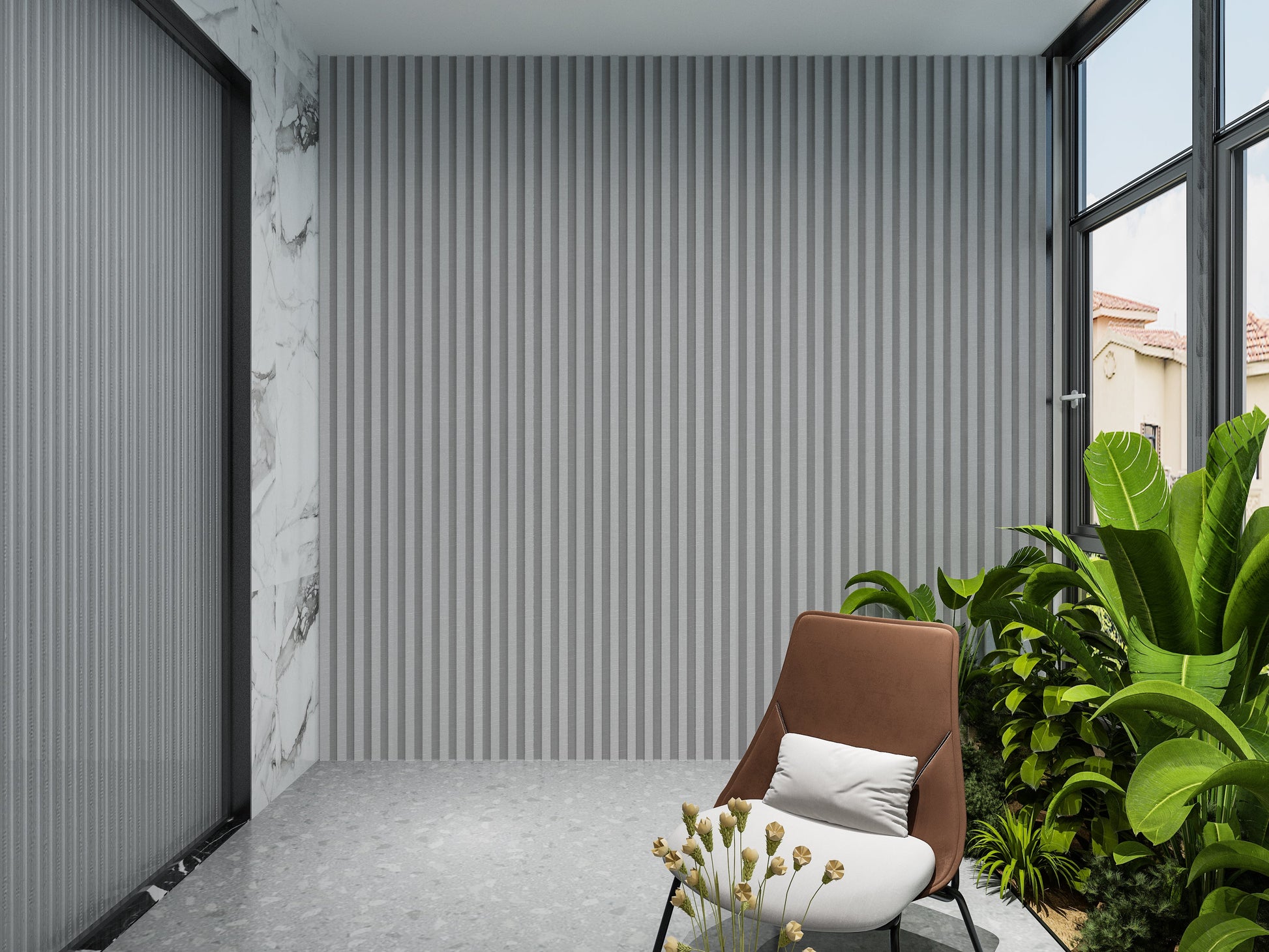 White linen WPC Fluted 3D Wall Panels. RK Supply Line Depot. Balcony Design With WPC Fluted Wall Panels