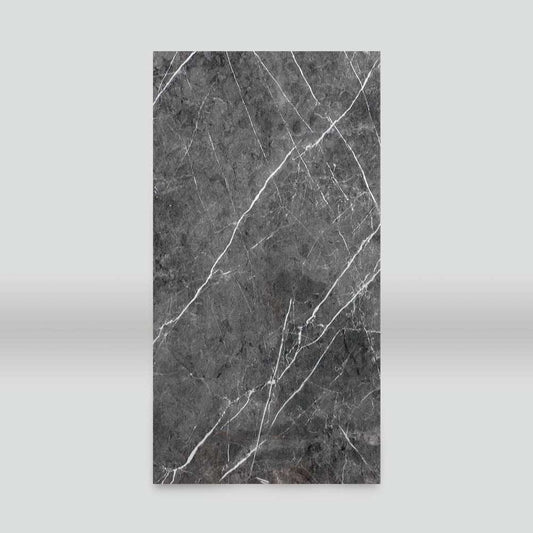 Dark gray marble PVC wall panel with white veins, 4x8 ft, polished finish, fireproof & waterproof, ideal for NJ homes &
