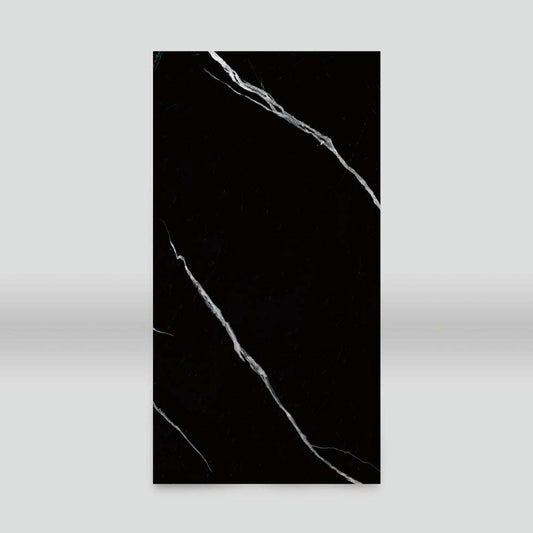 Deep black marble PVC wall panel with polished finish, delicate white veins, fireproof & waterproof, ideal for NJ homes &