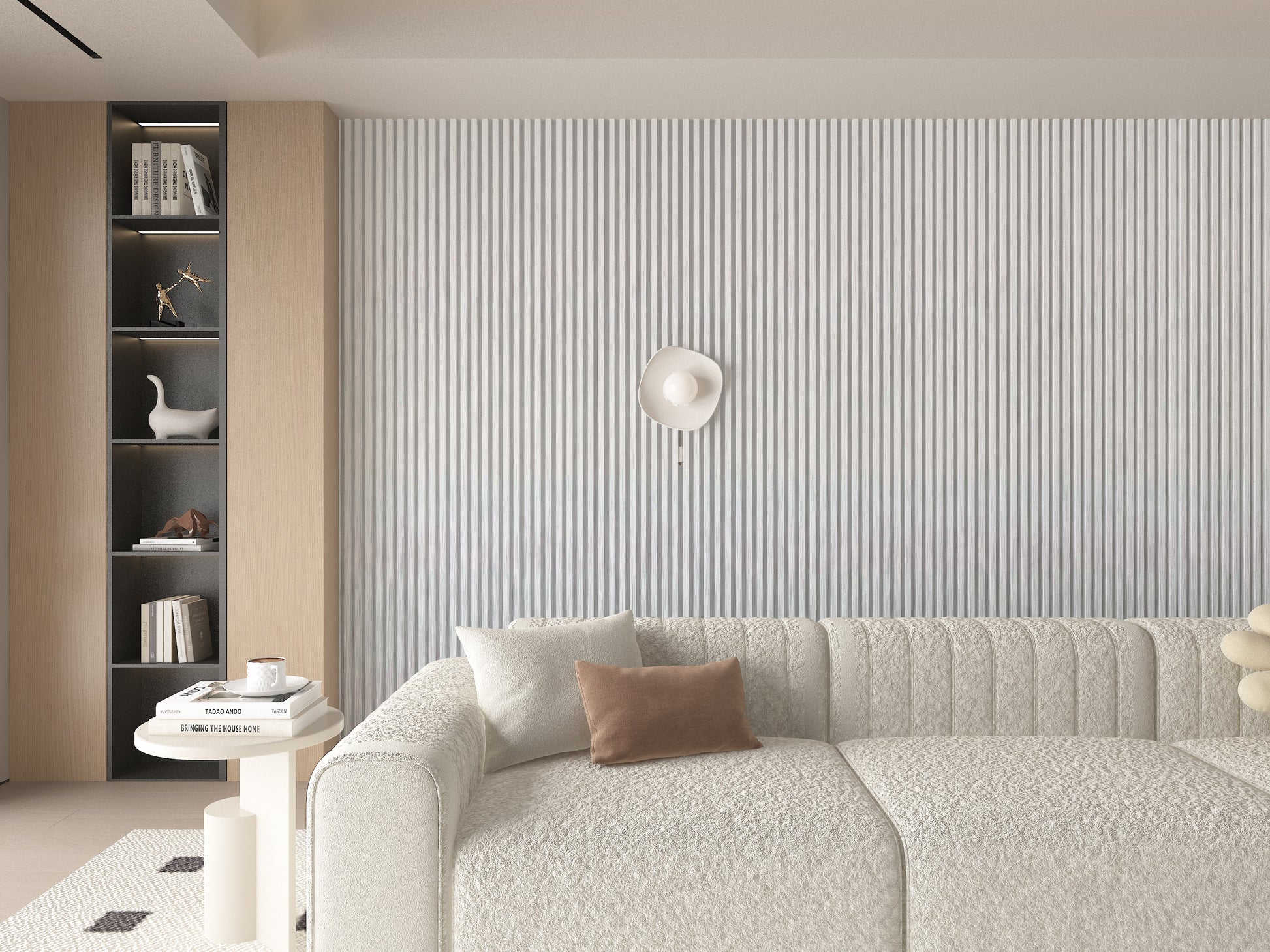 White Brushed WPC Fluted 3D Wall Panels. RK Supply Line Depot. Living Room Design With WPC Fluted Wall Panels