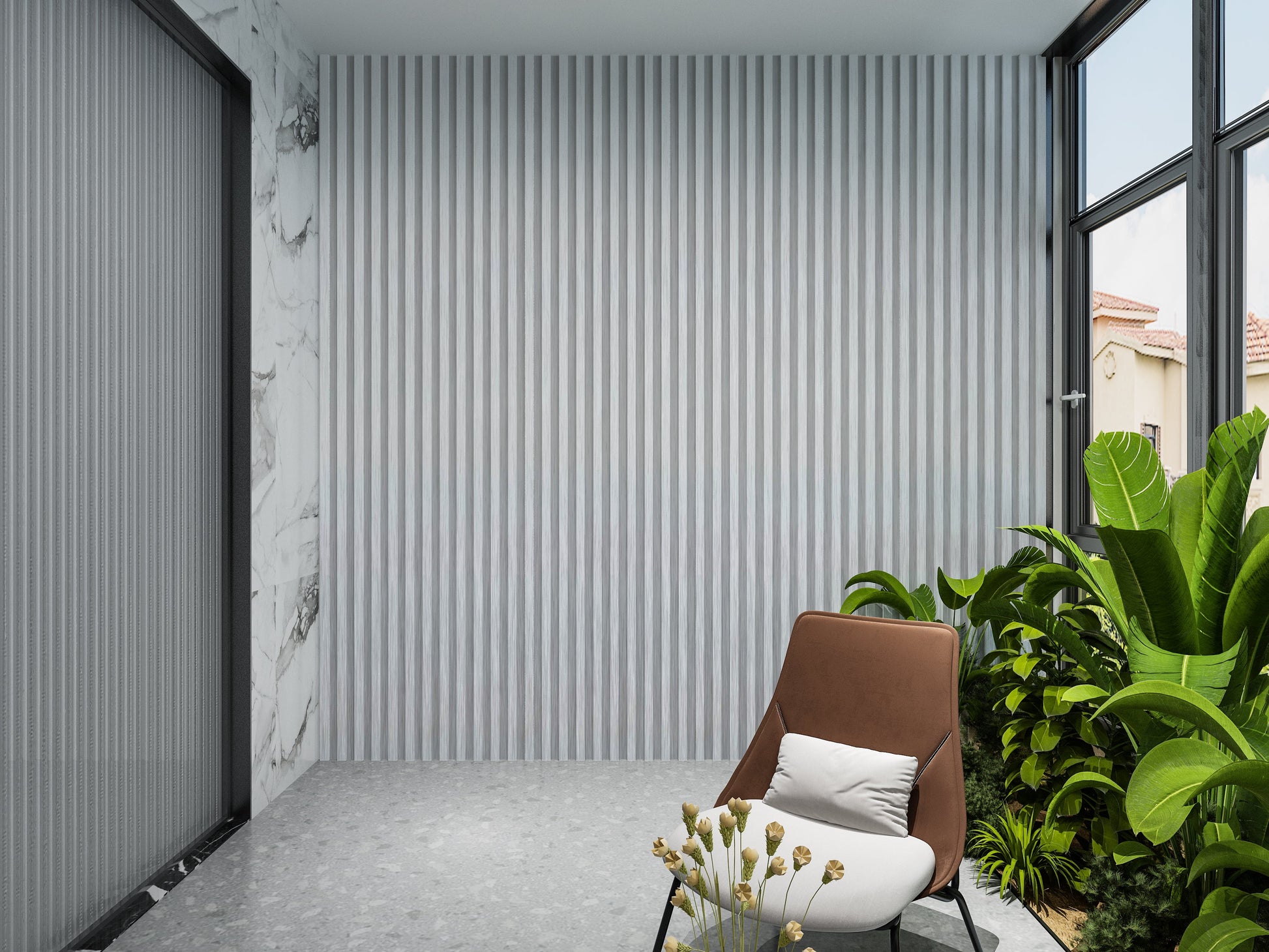 White Brushed WPC Fluted 3D Wall Panels. RK Supply Line Depot. Balcony Design With WPC Fluted Wall Panels